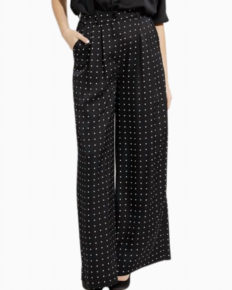 Front of a model wearing a size 12 Mini Dot Wide Leg Trouser In Black in Black by Joseph Ribkoff. | dia_product_style_image_id:358982